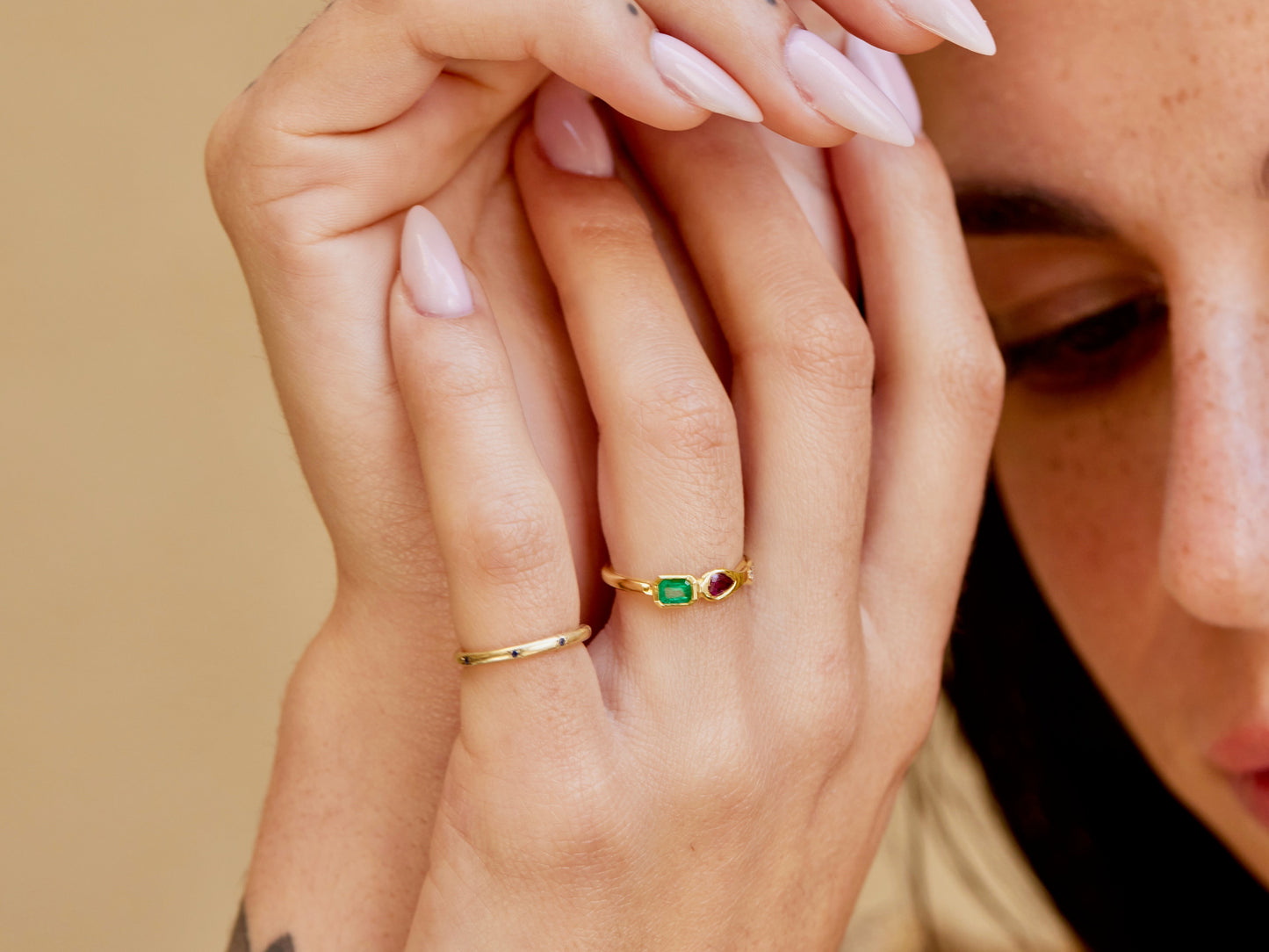 Asymmetric Ruby Emerald Ring
