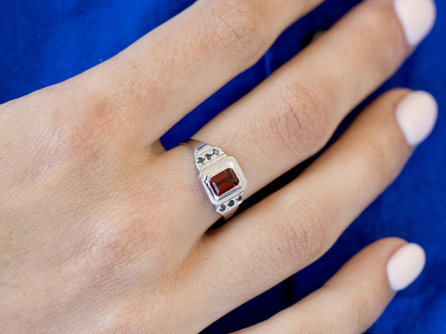 White Gold and Garnet Temple Ring